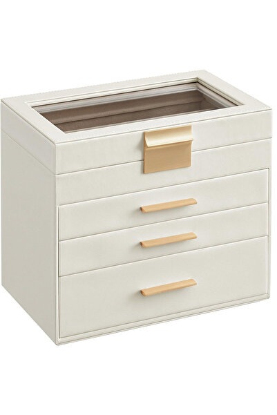 SONGMICS Cutie de bijuterii cu 4 niveluri, 3 sertare, capac de sticlă, 22x25x...