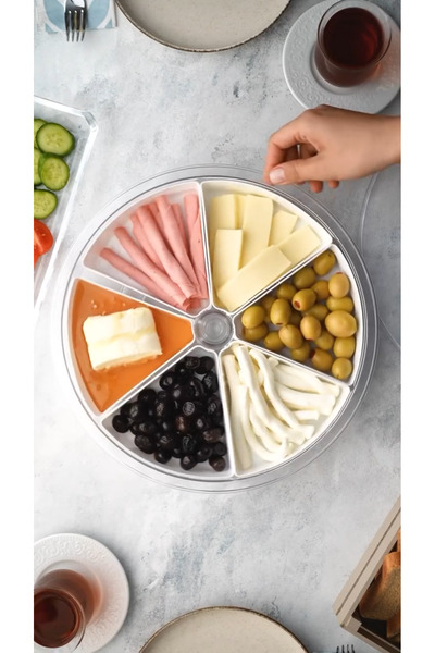 polbo Üçgen Bölmeli Kapaklı 360 Derece Dönen Kahvaltı ve Sunumluk Seti – 6 Bölmeli Gıda Düzenleyici