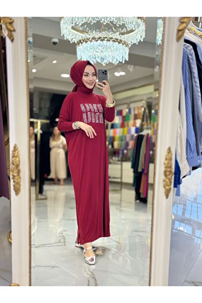 ALANURMODA 24234-1 Front Stone Letter Printed Combed Cotton Dress