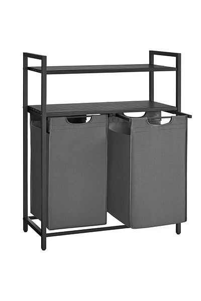 VASAGLE Cos de rufe, cu 2 saci detasabili, 2 rafturi, capacitate de 46L per sac, 73x33x92cm , negru