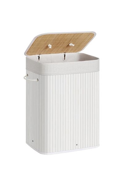SONGMICS Bamboo Laundry Basket, Foldable, with Removable Washable Lining, 72L, 40x30x60cm, White