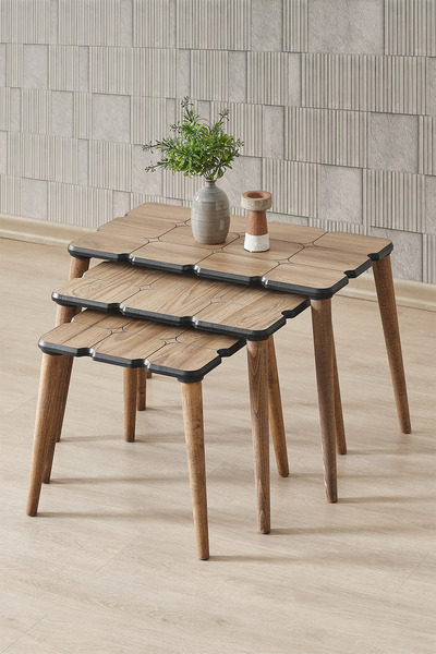 Brianna Aris 3’lü Zigon Sehpa Seti - Siyah Detay | MDF Lam Tabla, Gürgen Ağac...