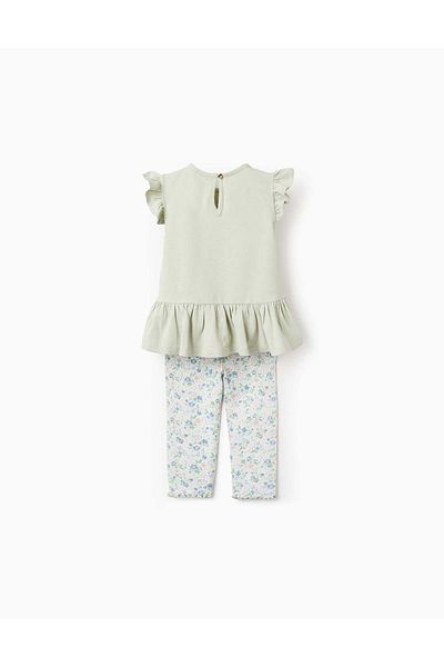 Ziddy Top + Floral Ribbed Leggings for Baby Girls, Green/White