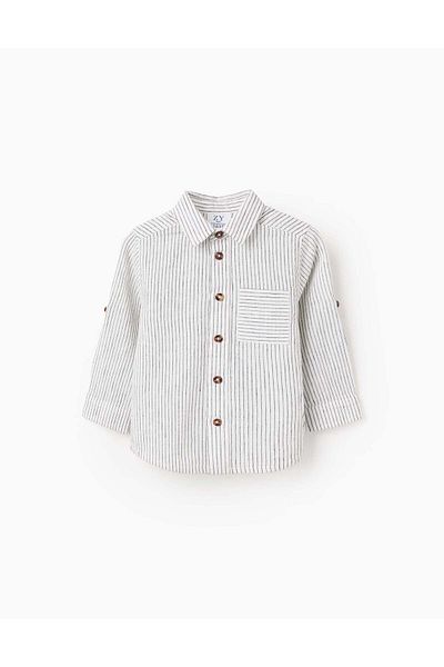 Ziddy Cotton and Linen Shirt with Pocket for Baby Boys, White/Black