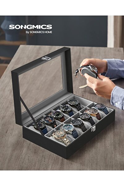 OEM SONGMICS Watch storage and organization box, with 12 compartments, synthetic leather, with glass lid,