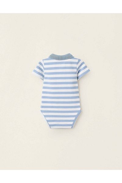 Ziddy Striped Polo Bodysuit with Ribbed Collar for Newborns, White/Blue