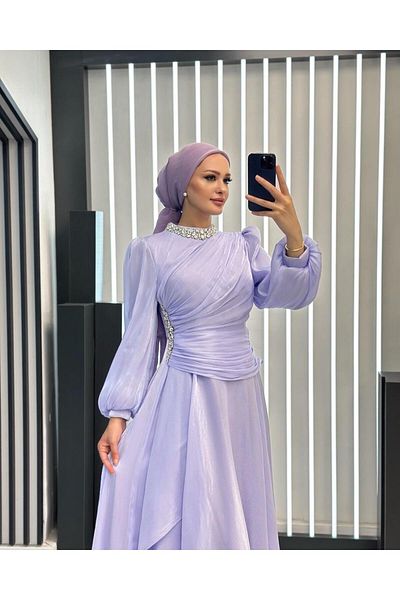 MERETTO By Akıl Judge Collar with Stones, Special Design Lined Jan Jan Fabric Long Evening Dress