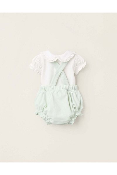 Ziddy Bodysuit + Piqué Jumpsuit with Ruffles for Newborn Girls, White/Green