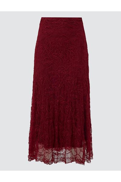 Jimmy Key Burgundy High Waist Lace Detailed Knitted Midi Skirt
