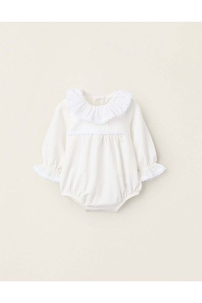 Ziddy Bodysuit with Ruffles and Crochet for Newborn Girls, White