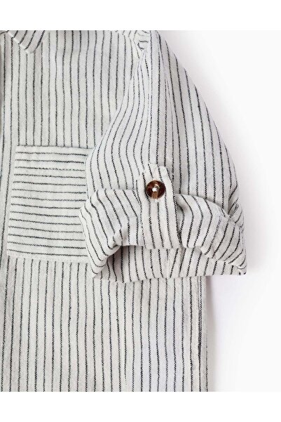Ziddy Cotton and Linen Shirt with Pocket for Baby Boys, White/Black