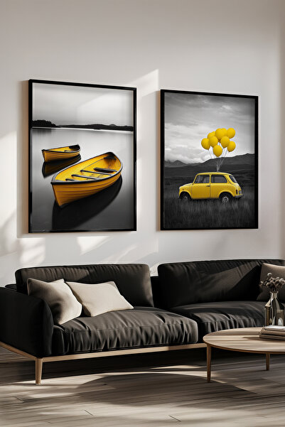 STARYUNA Set de 2 tablouri cu cadru din lemn negru cu sandale galbene și cărucior cu baloane Yuna243