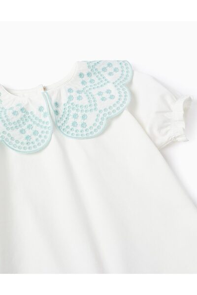 Ziddy T-shirt with English Embroidery Collar for Girls, White/Aqua Green