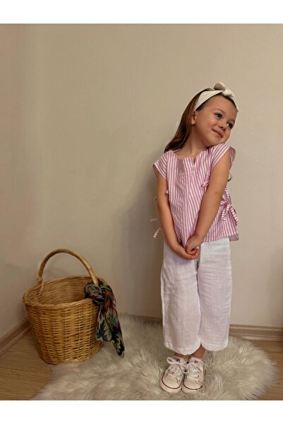 JELİBOOM Girl's Bottom Muslin Fabric Top Striped Pink White Set