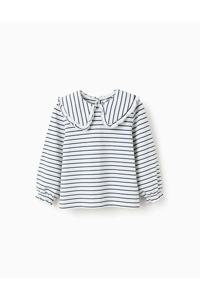 Ziddy Striped T-shirt with Maxi Collar and Frill Contour for Girls, White/Blue