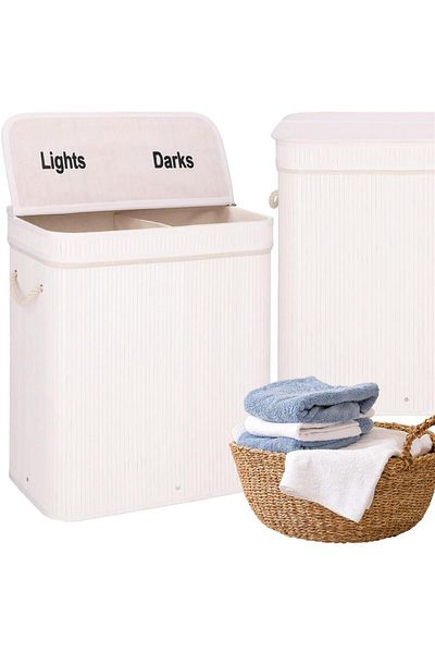 SERSIMO Bamboo laundry basket with lid, 2 compartments, removable bag, volume 100L, 54x35x60cm, white