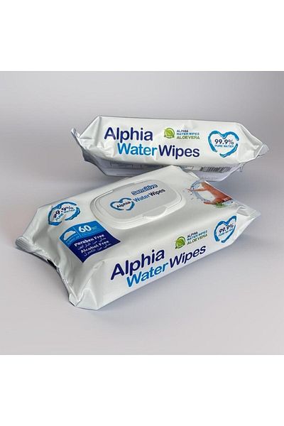 Alphia Water Wipes - 60 Sheets, Unscented, Gentle & Safe with Aloe Vera.