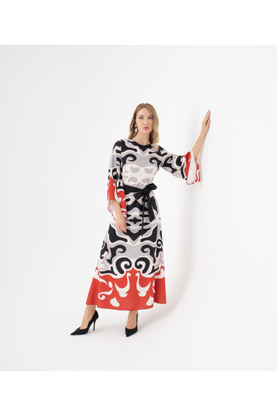 SERPİL Retro Desenli Kuşaklı Oversize Elbise