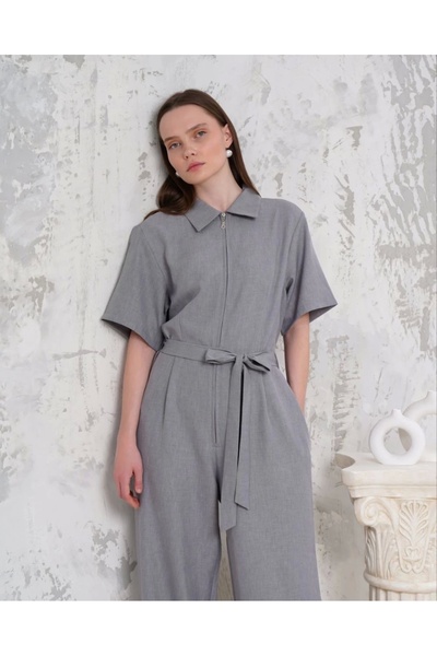 hibiscus Belted Shirt Collar Loose Overalls Gray S255822