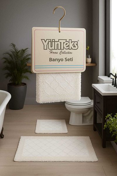 YÜNTEKS Cotton Woven Water Absorbent Bath Mat Set, Bathroom Carpet, 2-Piece Toilet Set