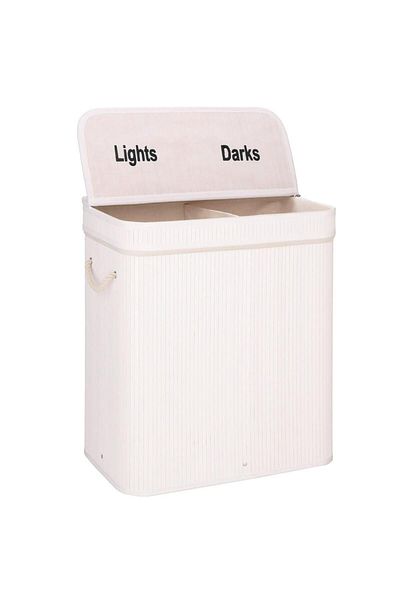 SERSIMO Bamboo laundry basket with lid, 2 compartments, removable bag, volume 100L, 54x35x60cm, white