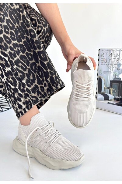 AyakabıMod Henta Bej Tricotaj Pantofi sport cu șireturi