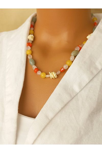 LemaStone Natural Stone Necklace; Designed with Clear Quartz, Green Aventurine, Calcite, Stones.