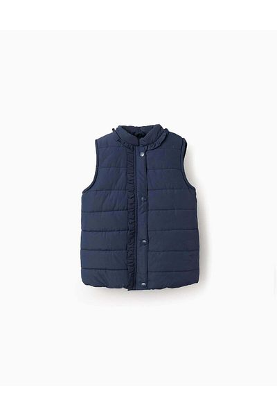 Ziddy Padded Gilet with Ruffles and Polar Lining for Girls, Dark Blue