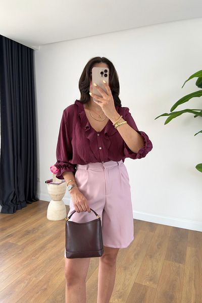 BİRCANÇİL Fubri Burgundy V-Neck Ruffle Detailed Shirt