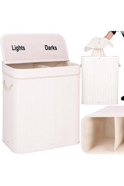 SERSIMO Cos de rufe din bambus cu capac, 2 compartimente, sac detasabil, volum 100L, 54x35x60cm, alb