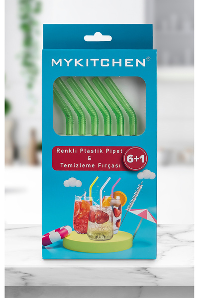 My Kitchen Yeşil Renkli Plastik Pipet ve Temizleme Fırçası - 6'lı Yeşil Renkli Pipet