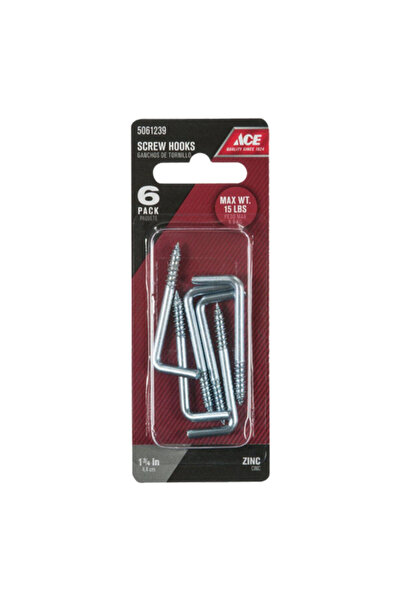ACE 6-Piece Zinc-Plated Square Bend Screw Hook 4.4 cm