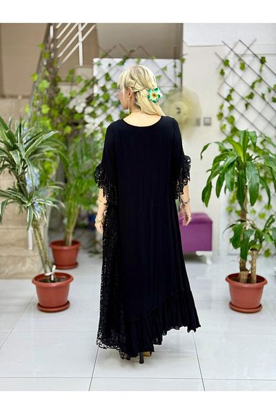 Punta Otantik Vl7795 Lace Detail Floral Printed Voile Dress Black