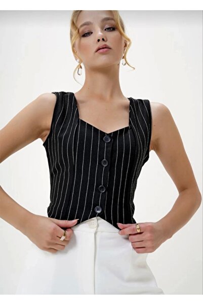 hibiscus Striped crepe buttoned vest black s3395