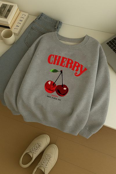 uyguntarz Unisex Happycherry Design Printed Sweatshirt