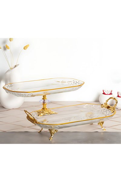 Paşabahçe 2 Li Kristal Metal Ayaklı Yaldızlı Kare Pasta Sunumluk Kurabiyelik