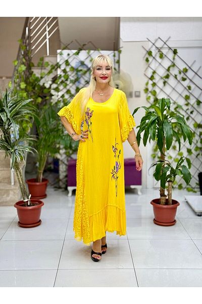 Punta Otantik Vl7795 Lace Detail Floral Printed Voile Dress Yellow