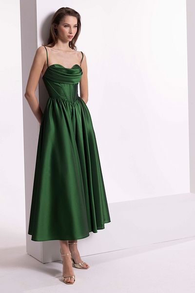 DORİDORCA Women's Rope Strap Taffeta Fabric Waist Corset Long Evening Dress 7088 Green