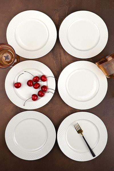 Porselen Diyarı Porcelain 6-Piece Oslo White Embossed Detailed Cake Plate 20 cm