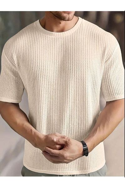 herkesemoda Men's Robert Waffle Fabric Crew Neck Short Sleeve Beige Thsirt