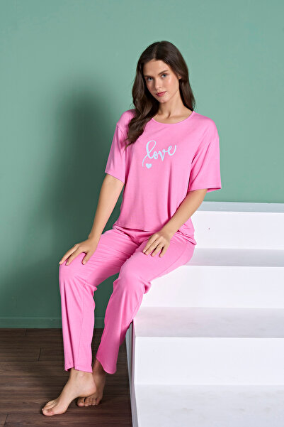 Kadın Love Baskılı Rahat Kalıp Pijama Takımı