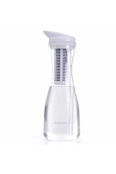 HolaFolks water bottle with filter, glass/plastic, transparent/white, 1.3 L