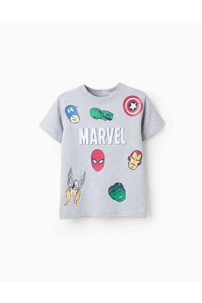 Ziddy Cotton T-shirt with Avengers Motif for Boys, Grey