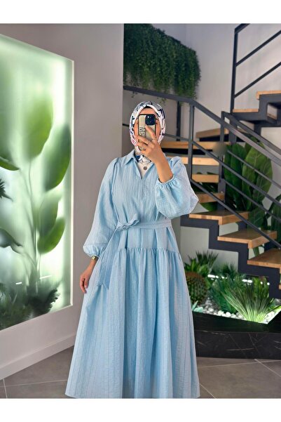 BÜRDE فستان نسائي بحزام بالون كم أزرق اللون