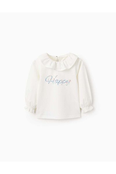 Ziddy Long Sleeve Ruffle T-shirt for Baby Girls 'Happy', White