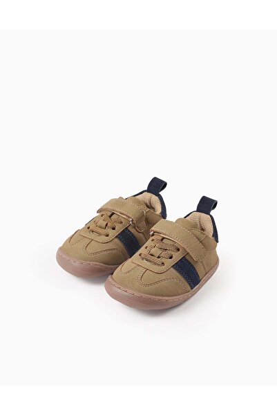 Ziddy Leather Trainers with Flexible Sole for Baby Boys, Camel/Blue