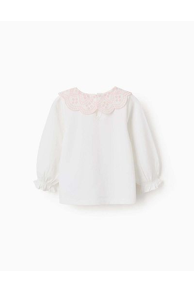 Ziddy T-shirt with Broderie Anglaise Collar for Baby Girls, White/Pink
