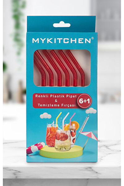 My Kitchen Kırmızı Renkli Plastik Pipet ve Temizleme Fırçası - 6'lı Kırmızı Renkli Pipet