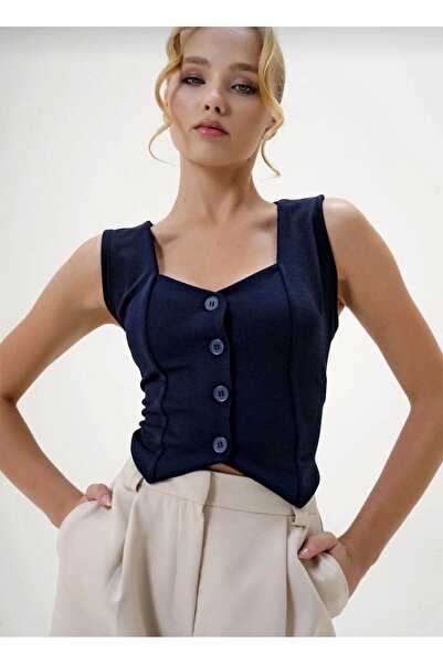 hibiscus Navy blue buttoned vest made of crepe fabric s3395