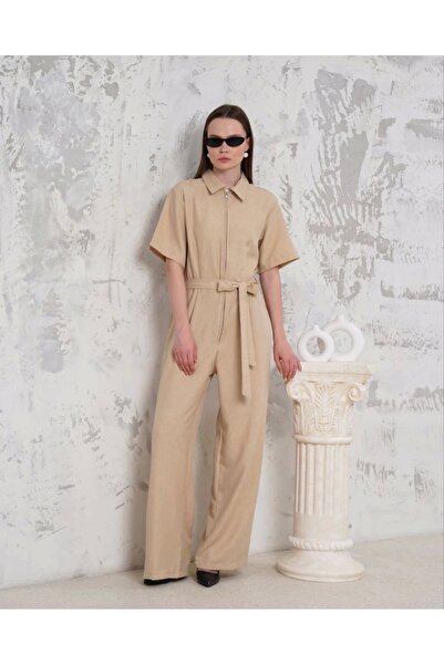 hibiscus Belted Shirt Collar Loose Overalls Beige S255822
